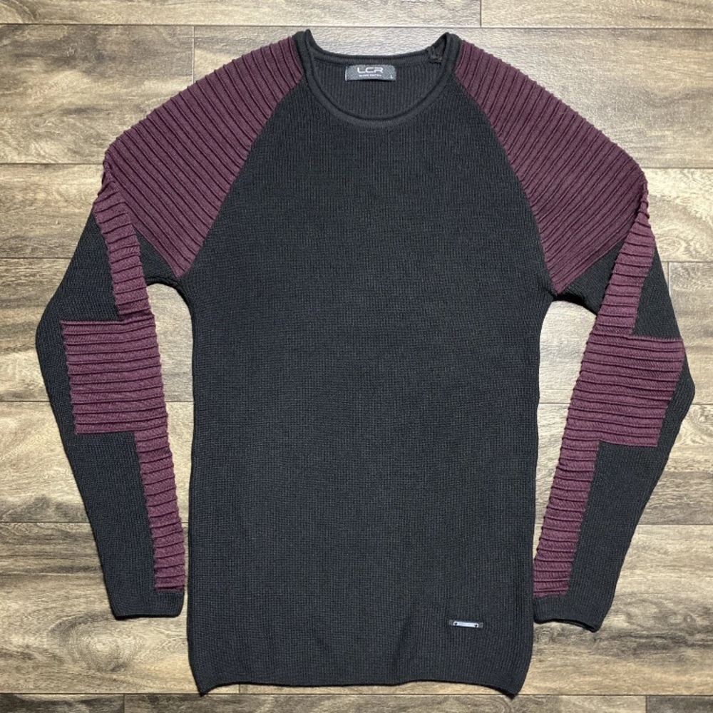 LCR Black Edition Ribbed Knit Crew Neck Sweater Mens Large Black Fitted Slim Fit